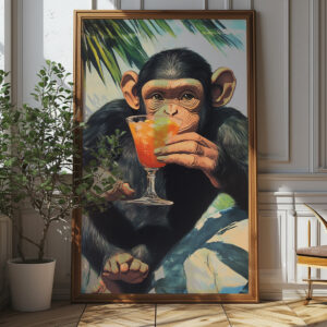 Cheeky Monkey Cocktail Wall Art - Playful And Tropical Poster Design (24x36 Inches, High-resolution 300 Dpi)