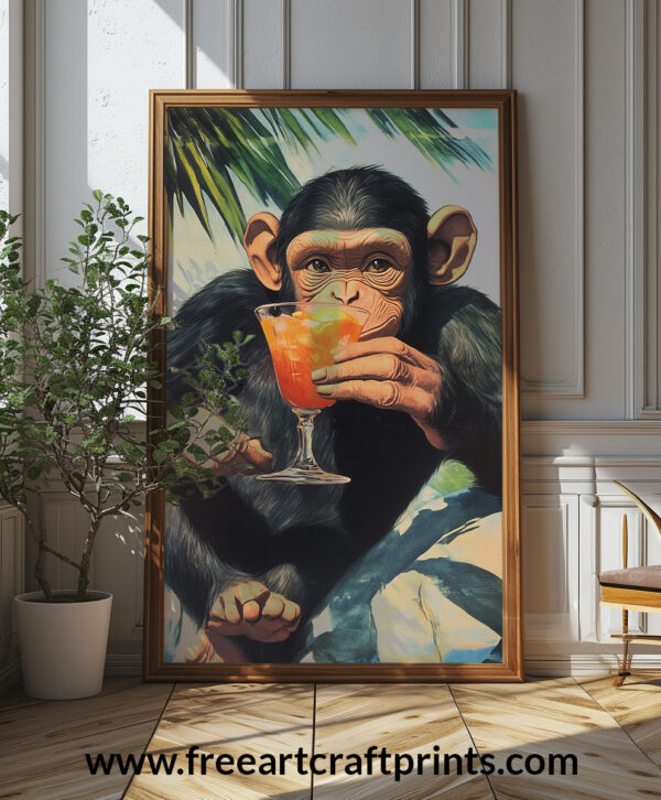 Cheeky Monkey Cocktail Wall Art - Playful And Tropical Poster Design (24x36 Inches, High-resolution 300 Dpi)