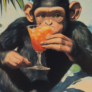 Cheeky Monkey Cocktail Wall Art - Playful And Tropical Poster Design (24x36 Inches, High-resolution 300 Dpi)