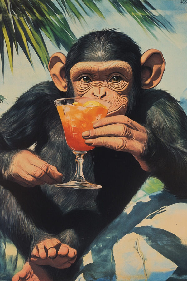 Cheeky Monkey Cocktail Wall Art - Playful And Tropical Poster Design (24x36 Inches, High-resolution 300 Dpi)