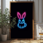 Neon Bunny Wall Art - Minimalist Glow Poster Design (24x36 Inches, High-resolution 300 Dpi)