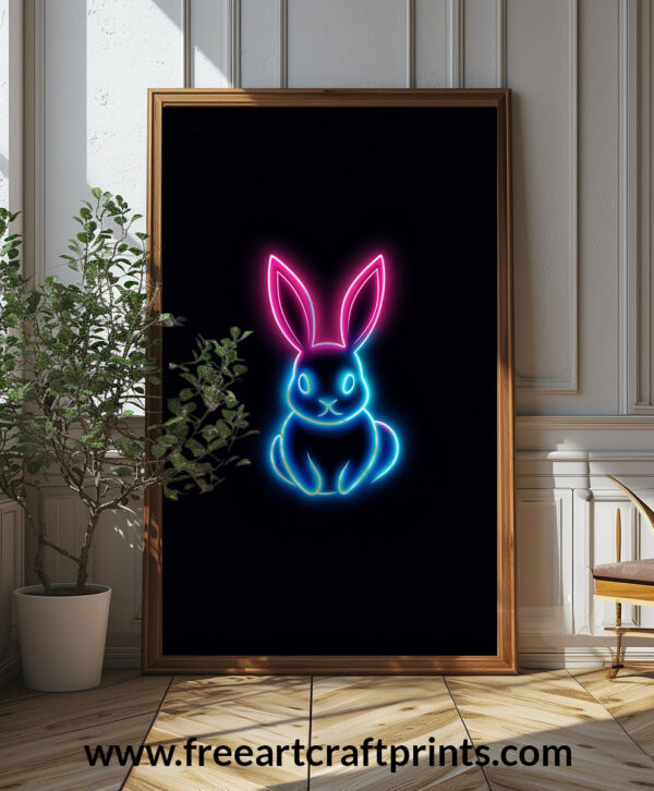 Neon Bunny Wall Art - Minimalist Glow Poster Design (24x36 Inches, High-resolution 300 Dpi)