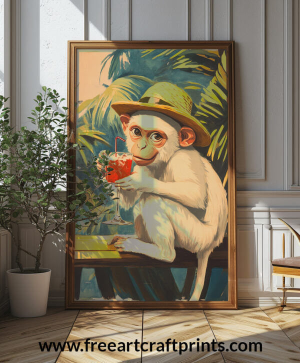 Cheeky Monkey Cocktail Wall Art - Playful And Tropical Poster Design (24x36 Inches, High-resolution 300 Dpi)