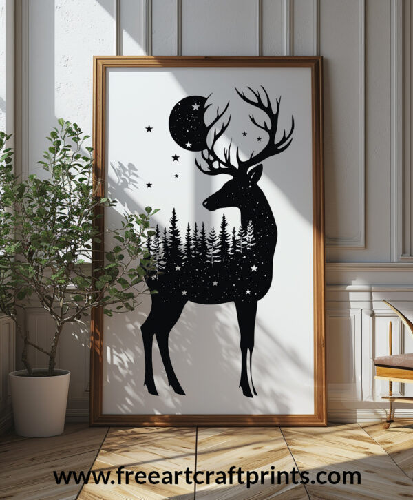 Deer Silhouette Wall Art - Minimalist Nature Poster Design (24x36 Inches, High-resolution 300 Dpi)