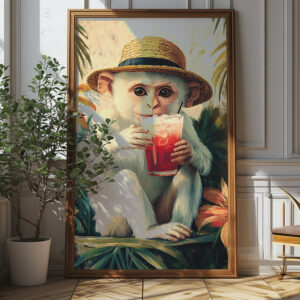 Cheeky Monkey Cocktail Wall Art - Playful And Tropical Poster Design (24x36 Inches, High-resolution 300 Dpi)