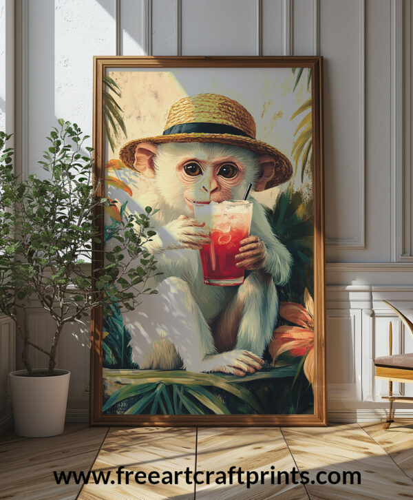 Cheeky Monkey Cocktail Wall Art - Playful And Tropical Poster Design (24x36 Inches, High-resolution 300 Dpi)