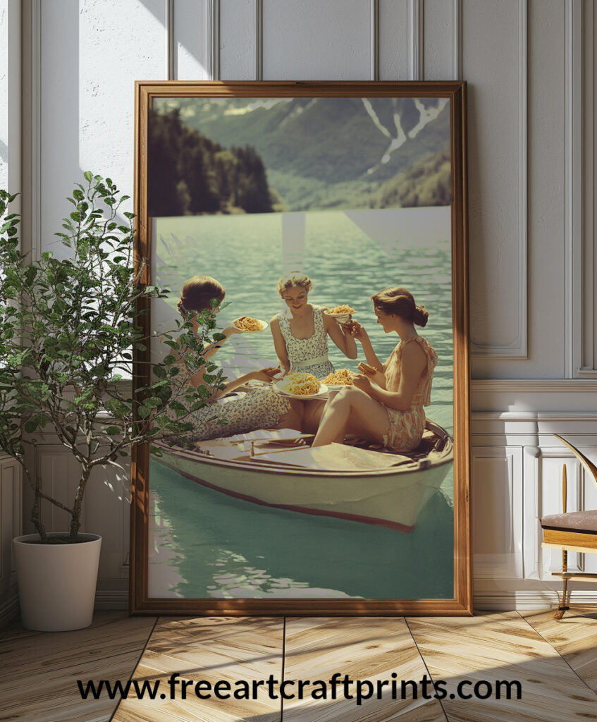 Pasta In A Boat Wall Art - Vintage And Whimsical Poster Design (24x36 Inches, High-resolution 300 Dpi)