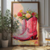 Pink Cowboy Boots With Flowers Wall Art - Charming And Colourful Poster Design (24x36 Inches, High-resolution 300 Dpi)