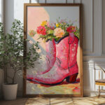 Pink Cowboy Boots With Flowers Wall Art - Charming And Colourful Poster Design (24x36 Inches, High-resolution 300 Dpi)