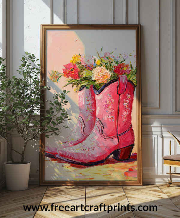 Pink Cowboy Boots With Flowers Wall Art - Charming And Colourful Poster Design (24x36 Inches, High-resolution 300 Dpi)