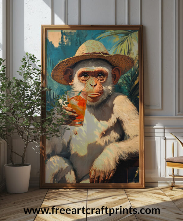 Cheeky Monkey Cocktail Wall Art - Playful And Tropical Poster Design (24x36 Inches, High-resolution 300 Dpi)