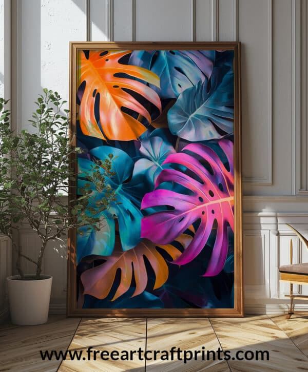 Tropical Monstera Leaves Wall Art - Vibrant Botanical Poster Design (24x36 Inches, High-resolution 300 Dpi)