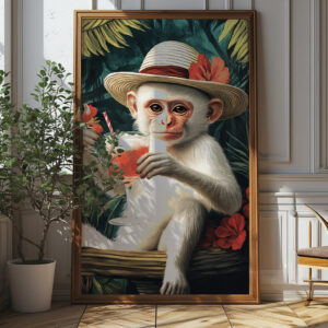 Tropical White Monkey With Cocktail Poster - High-resolution Wall Art (300 Dpi, 24x36 Inches)