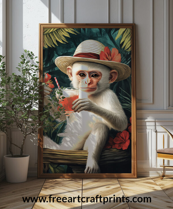 Tropical White Monkey With Cocktail Poster - High-resolution Wall Art (300 Dpi, 24x36 Inches)